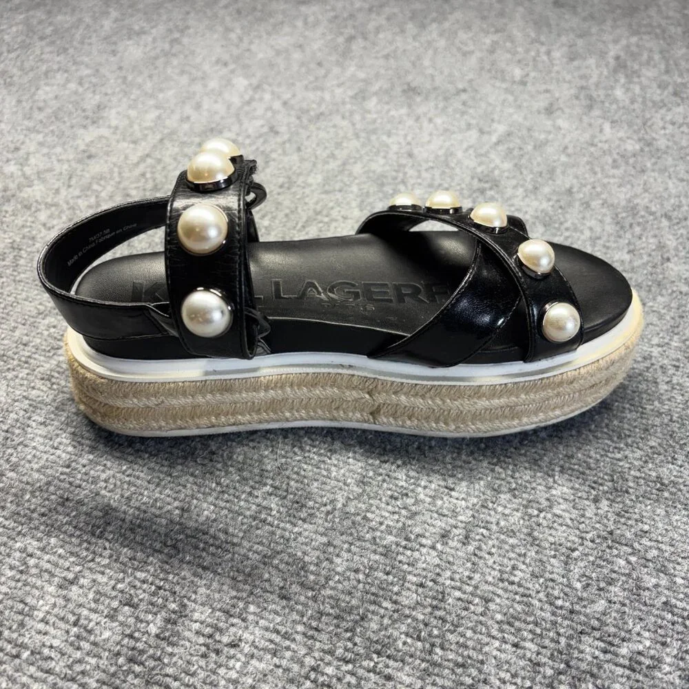 Karl Lagerfeld Womens Black Platform Espadrille Sandals Pearl Ankle Strap 7M